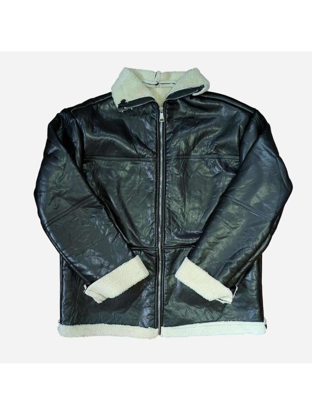 Black pleather bomber jacket with white fur lining mobster wife